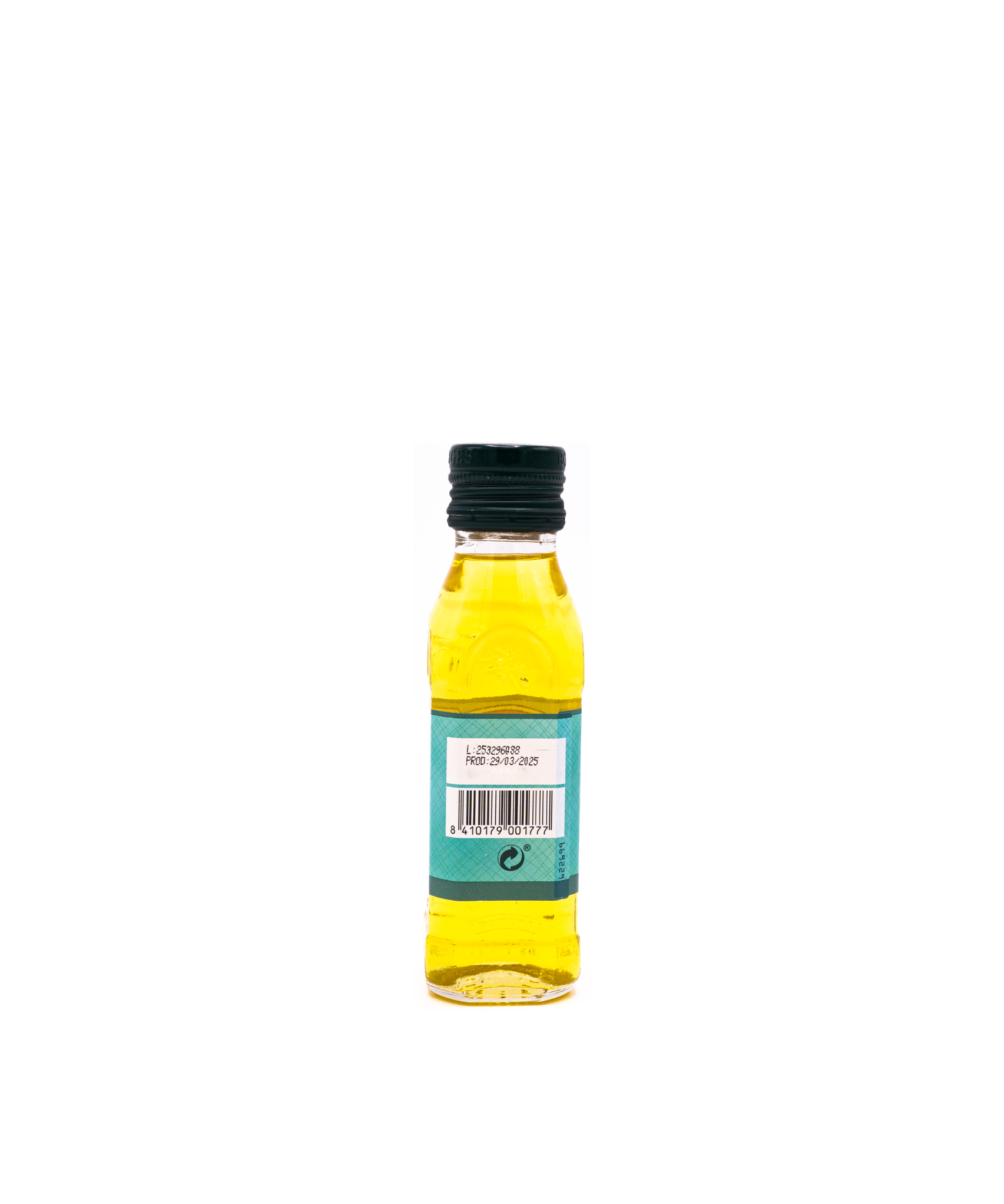 Small bottle of lemon juice with a black cap on a white background