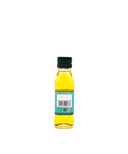 Small bottle of oil with a black cap on a white background