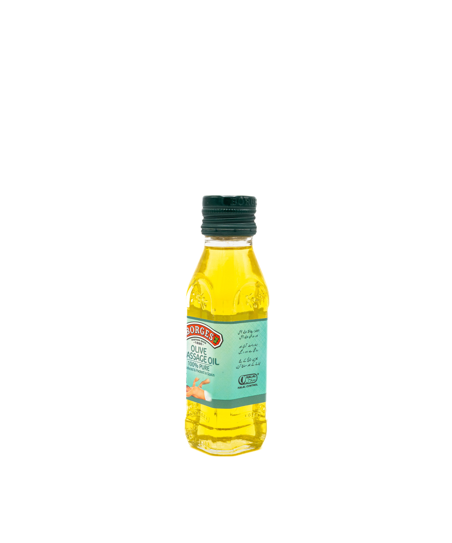 Bottle of olive oil with a green label on a white background