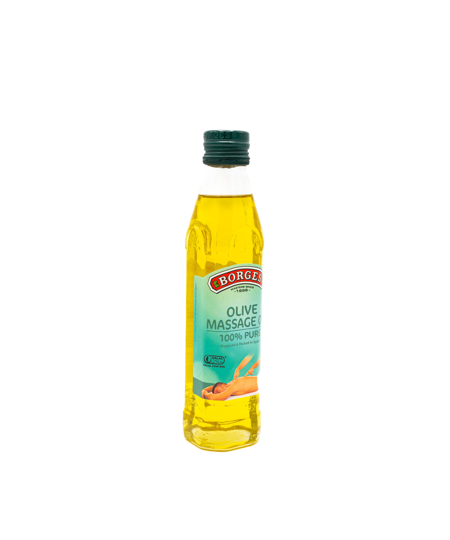 Bottle of Borge olive massage oil on a white background