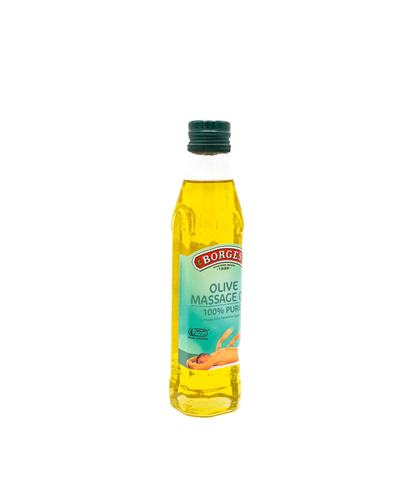 Bottle of Borge olive massage oil on a white background