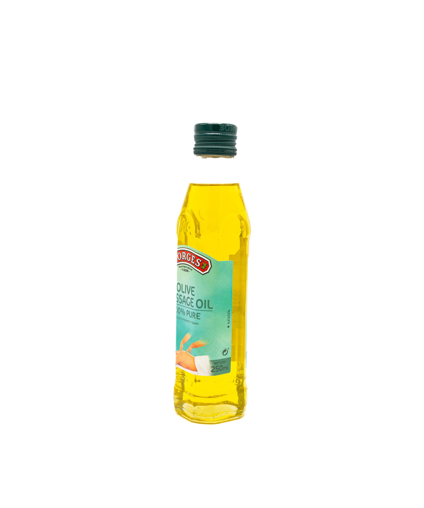 Bottle of olive oil with a green label on a white background