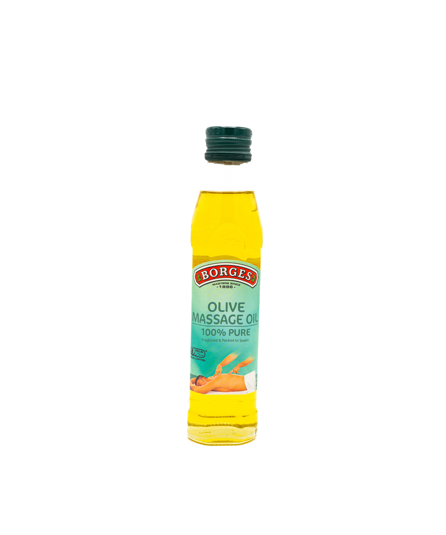 Borges olive massage oil bottle on a white background