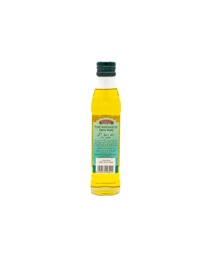Bottle of olive oil with a green label on a white background