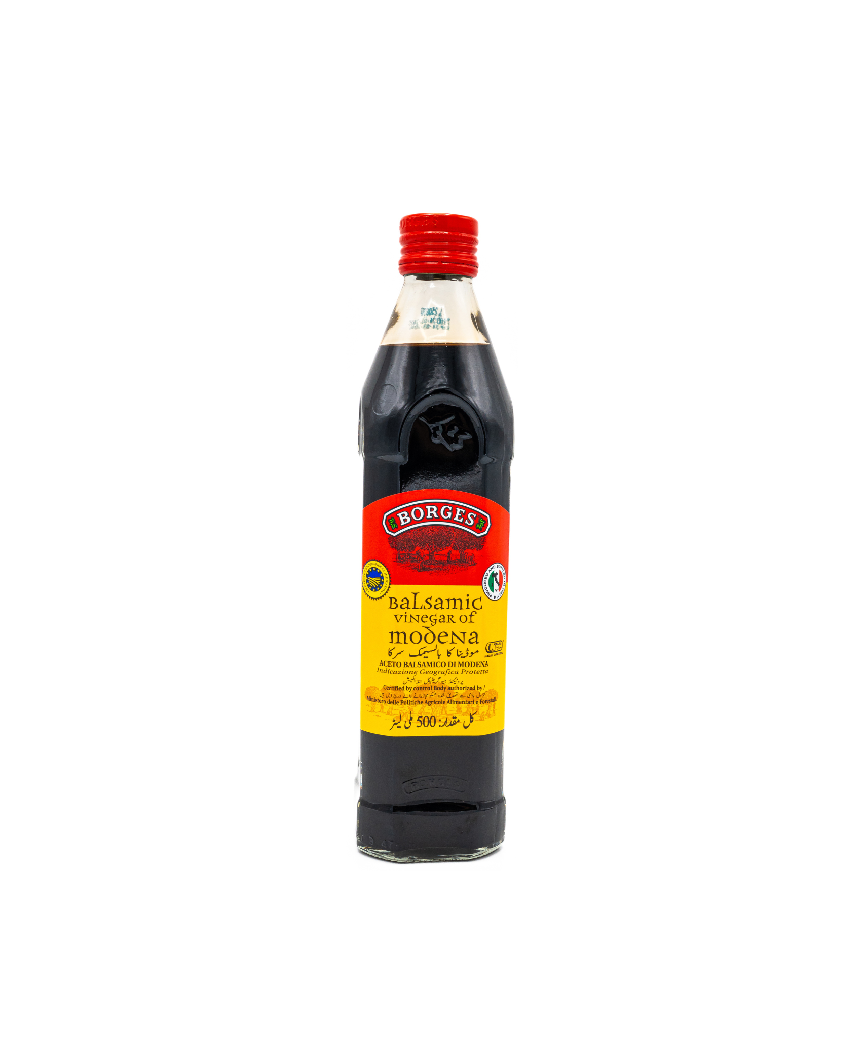 Bottle of Borsari balsamic vinegar on a white background