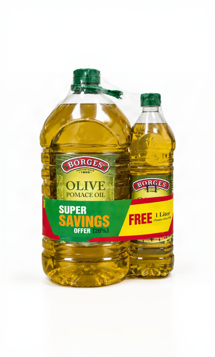 Two bottles of Borges Pomace Olive Oil on a white background, 