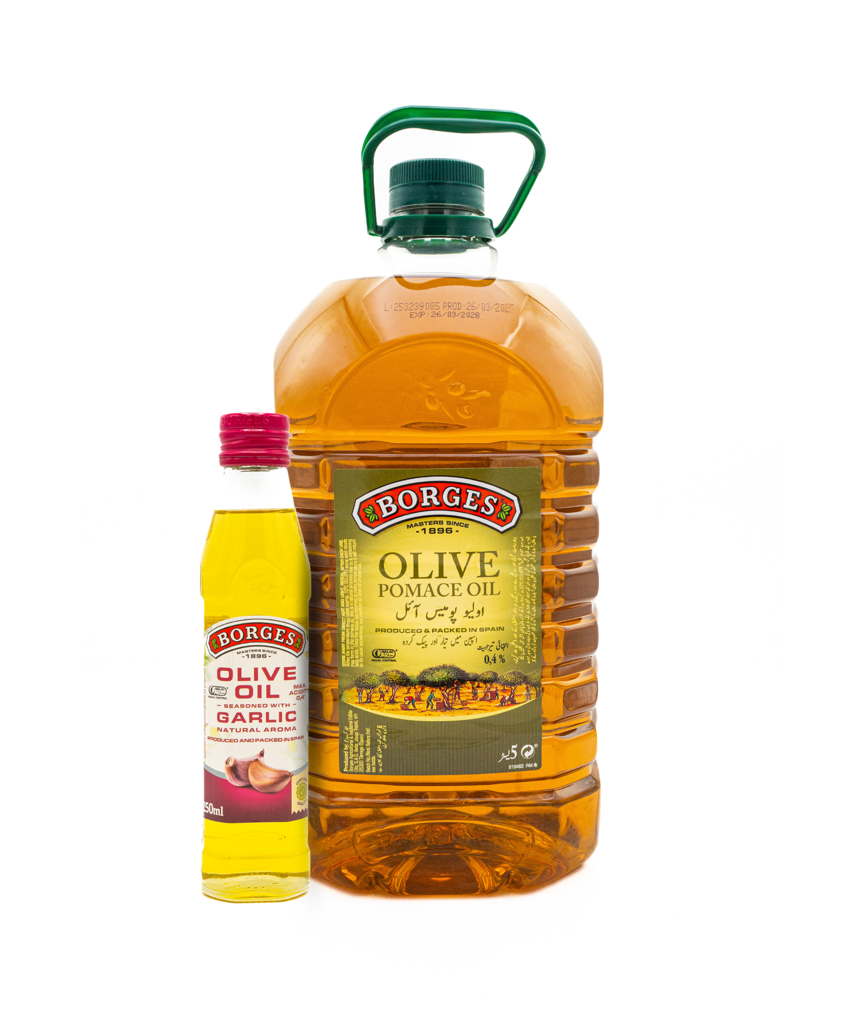 Two bottles of Borges olive oil on a white background Borges Olive Pomace oil 5 Ltr with Olive Oil Garlic 250 ML Free