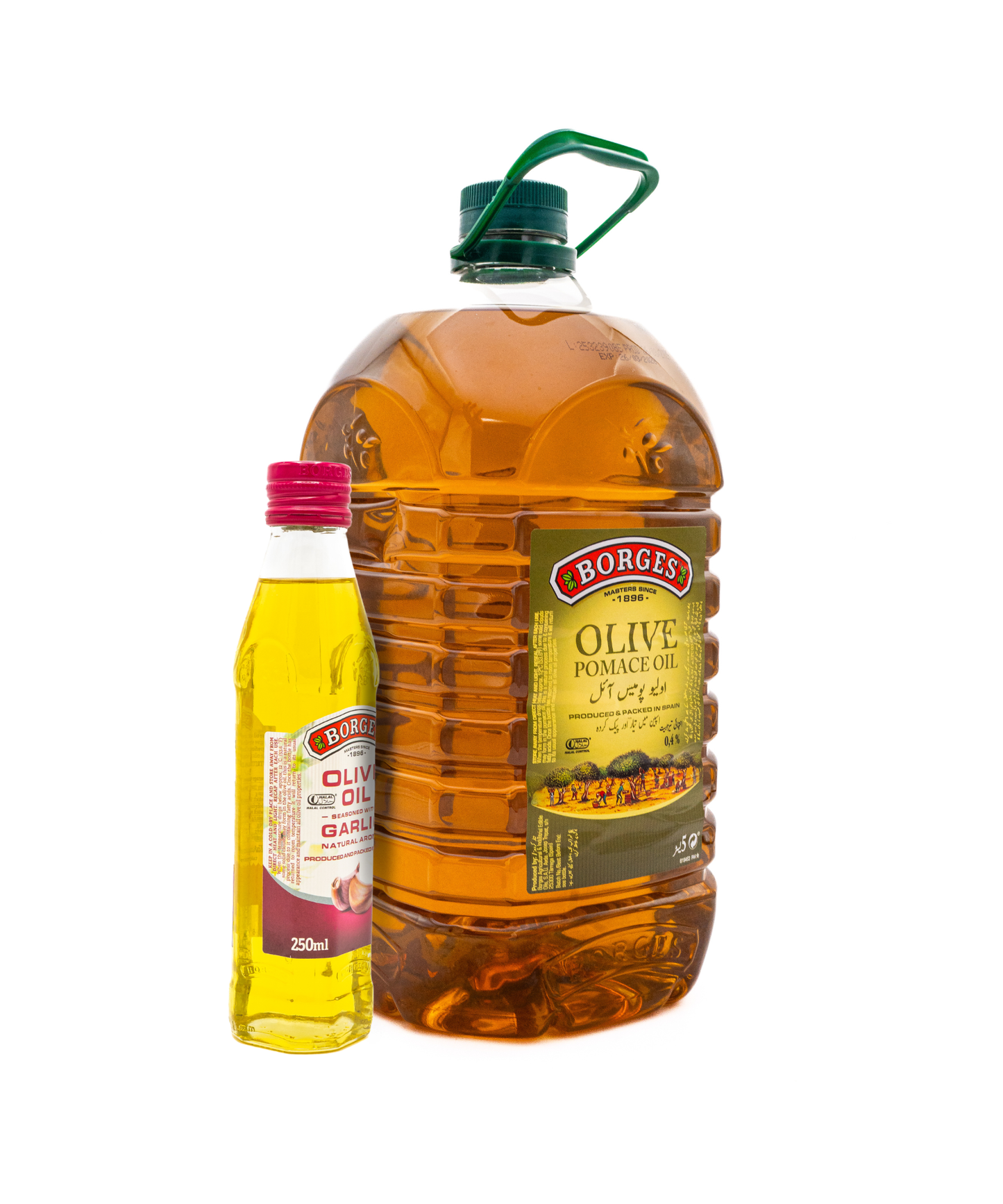Two bottles of Borges olive oil on a white background