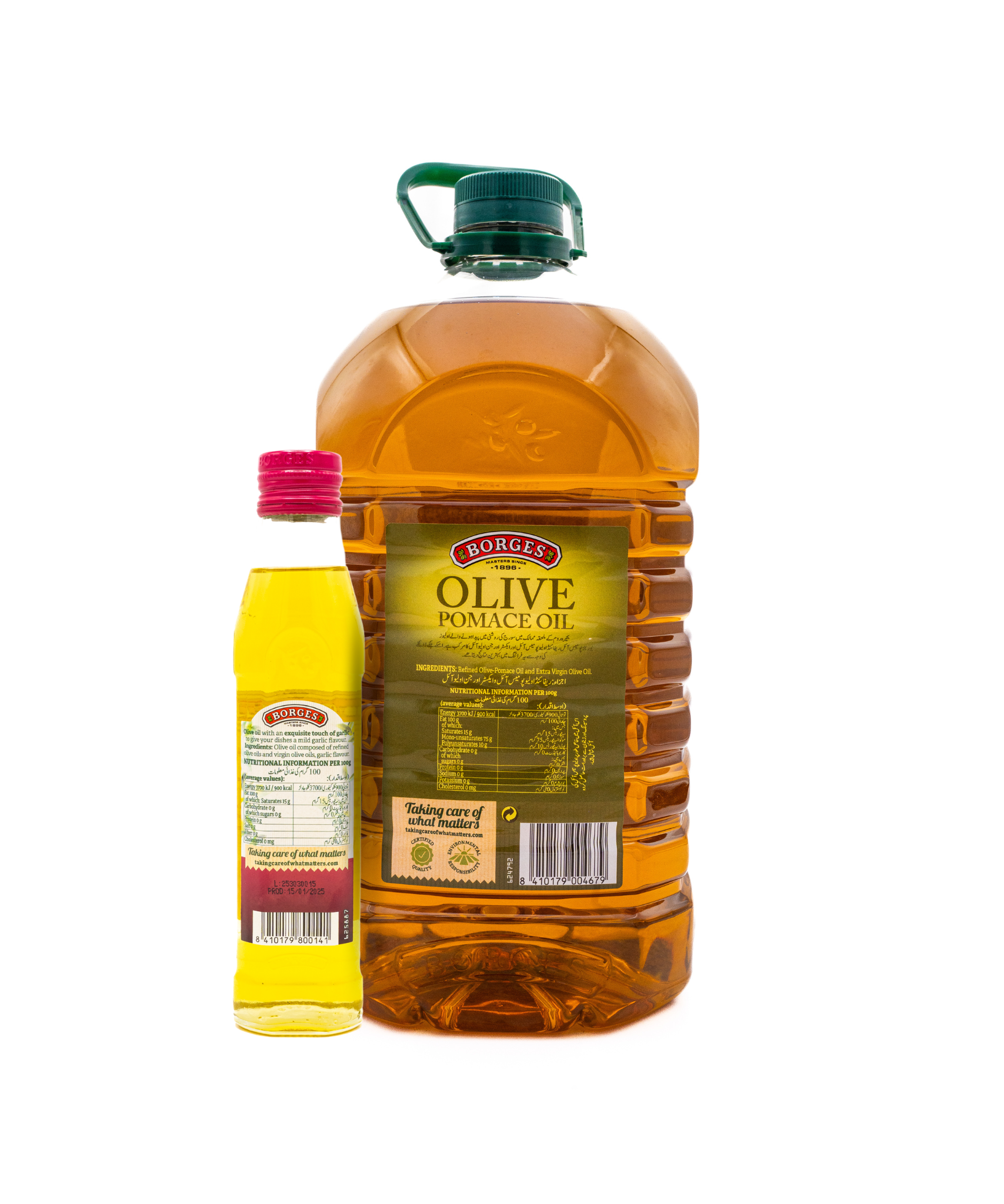 Two bottles of olive oil, one large and one small, on a white background.