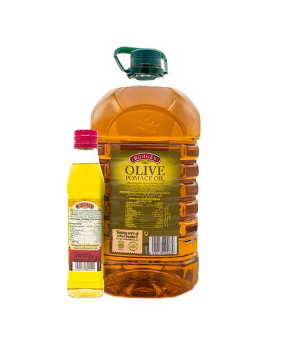 Two bottles of olive oil, one large and one small, on a white background.