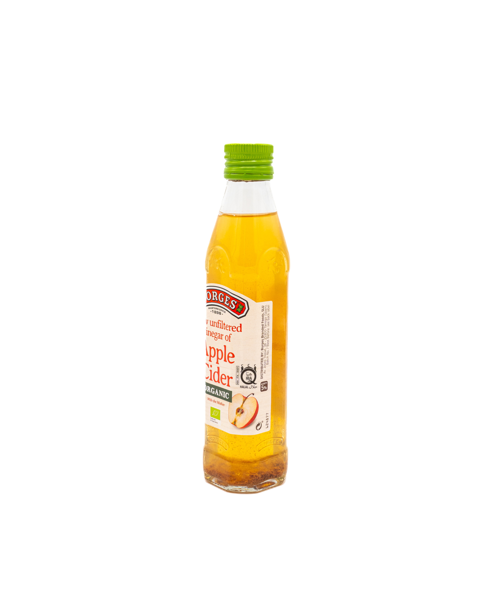 Bottle of apple cider vinegar with a green cap on a white background