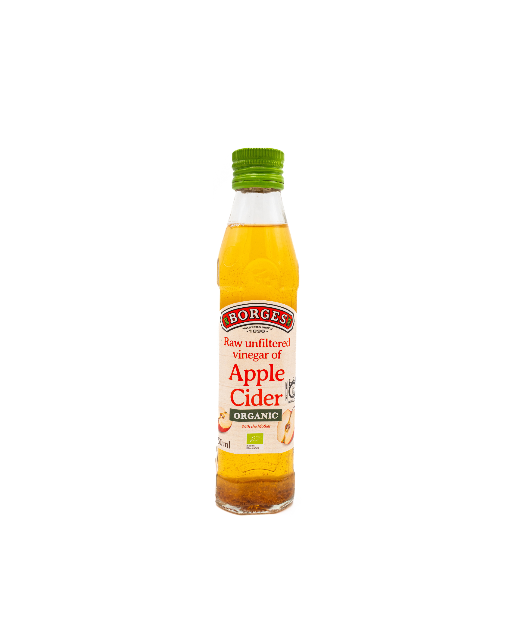 Bottle of Borges Apple Cider Vinegar on a white background