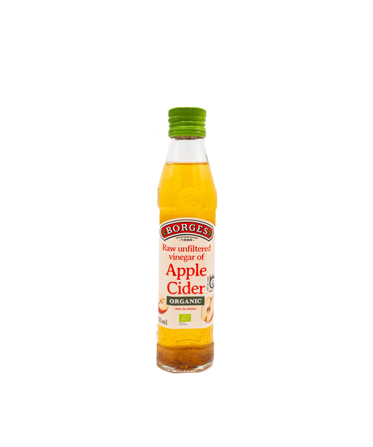 Bottle of Borges Apple Cider Vinegar on a white background