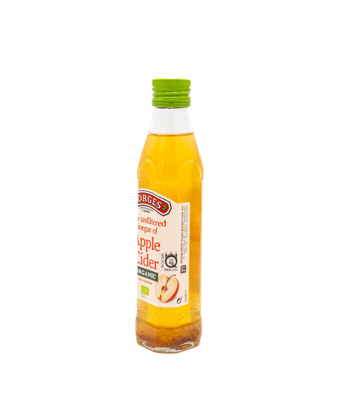 Bottle of apple cider vinegar with a green cap on a white background
