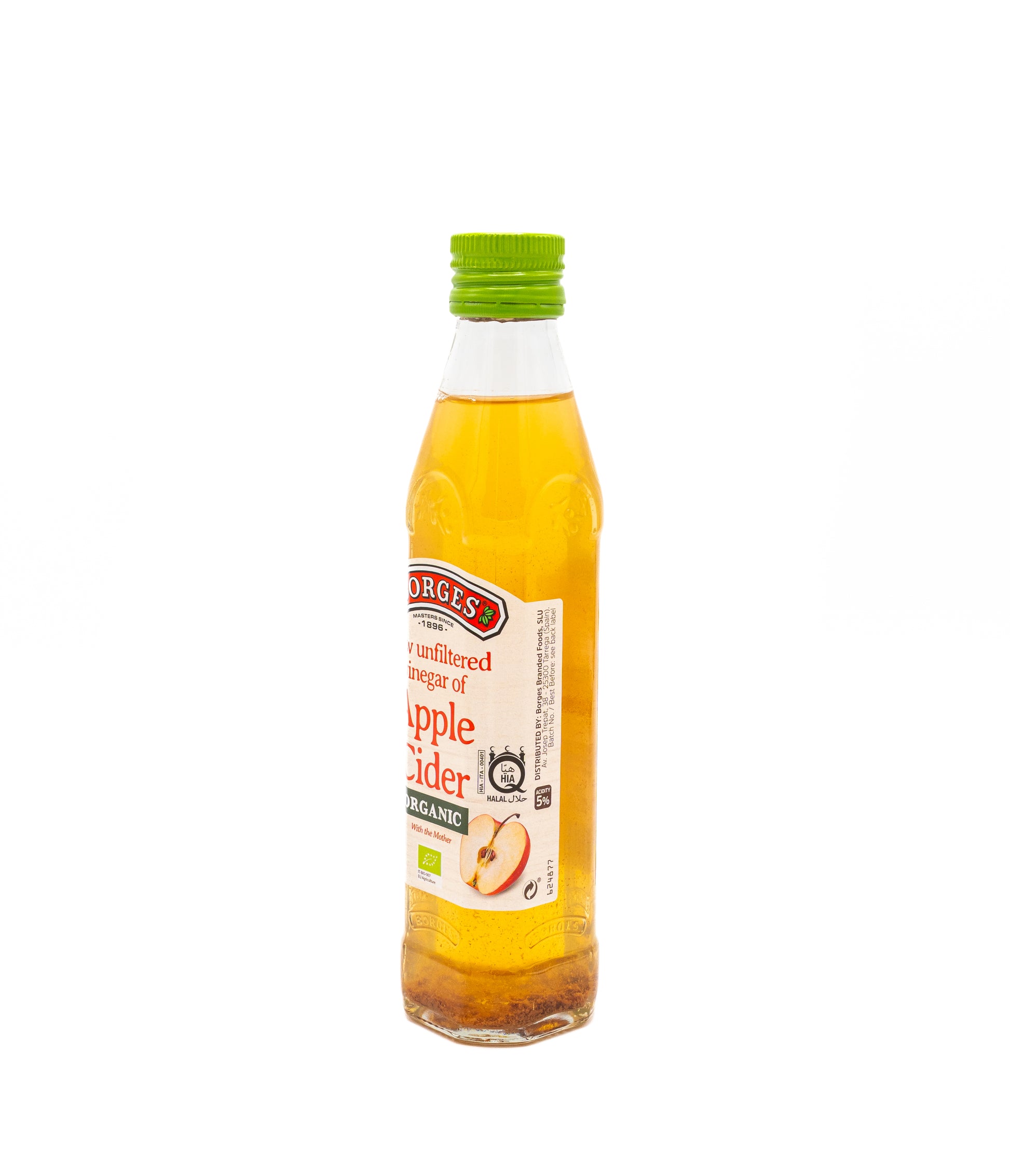 Bottle of apple cider vinegar with a green cap on a white background