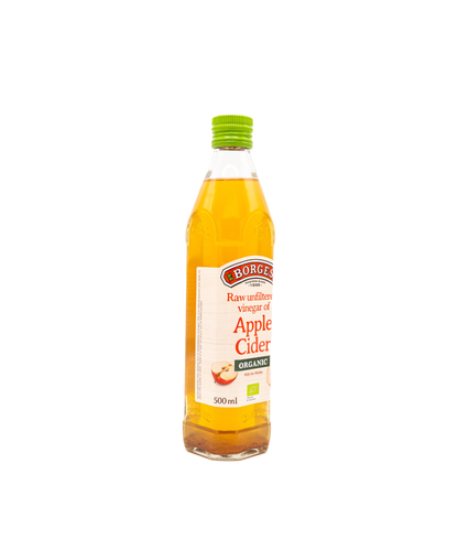 Bottle of Borge Organic Raw Unfiltered Apple Cider on a white background