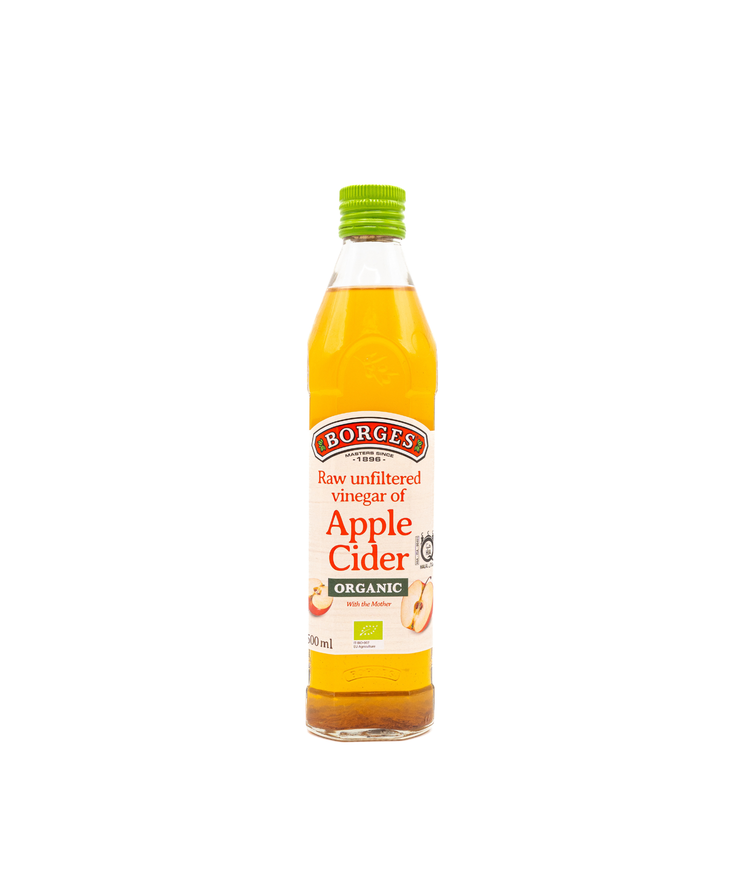 Bottle of Borges raw unfiltered apple cider vinegar on a white background