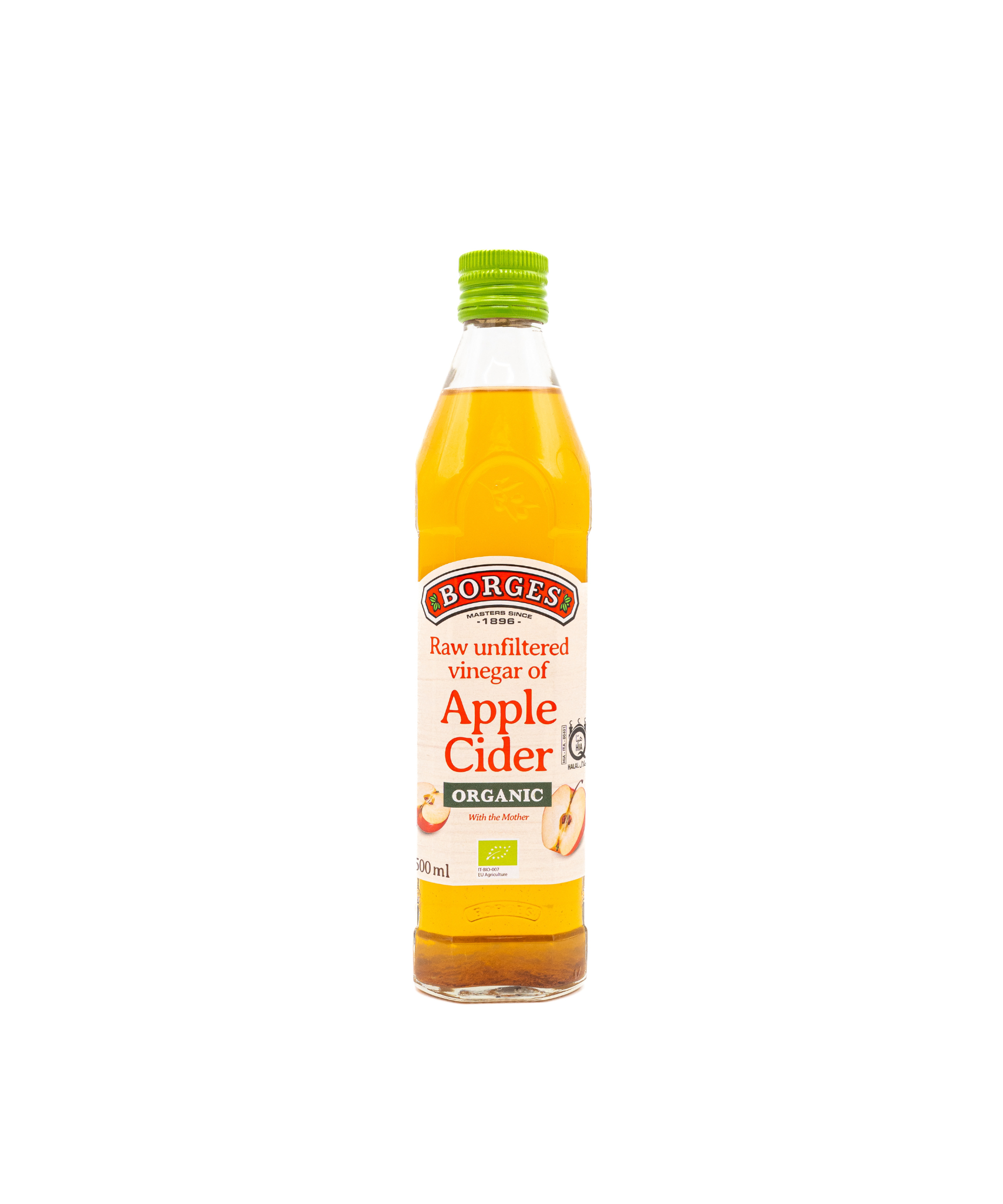 Bottle of Borges raw unfiltered apple cider vinegar on a white background