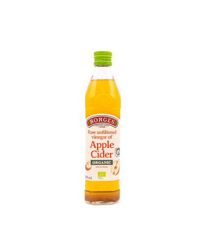Bottle of Borges raw unfiltered apple cider vinegar on a white background