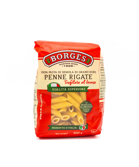 Borges Penne Rigate pasta package on a white background