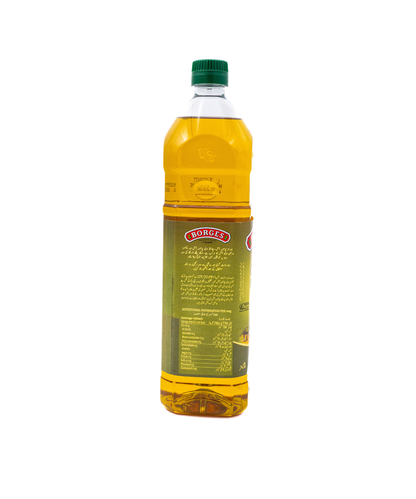 Bottle of olive oil with a green cap on a white background