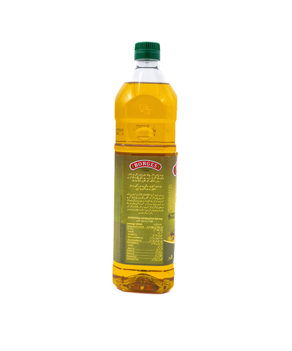 Bottle of olive oil with a green cap on a white background