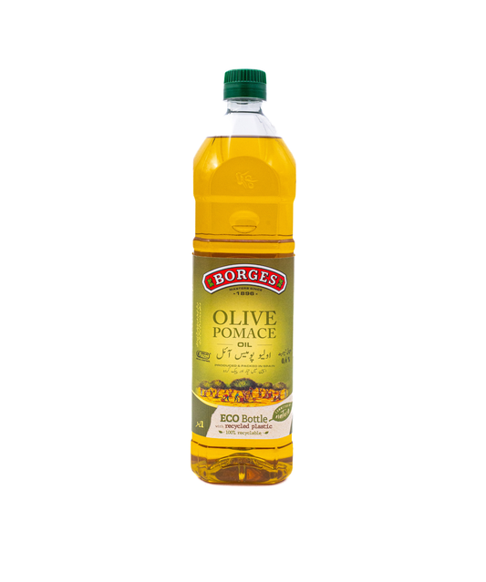 Bottle of Borges olive pomace oil on a white background