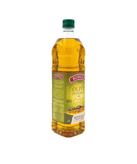 Bottle of Borge olive oil on a white background