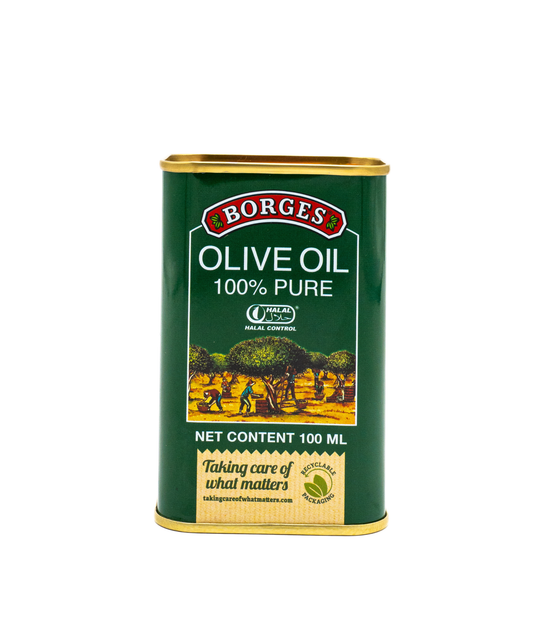 Borges olive oil can on a white background