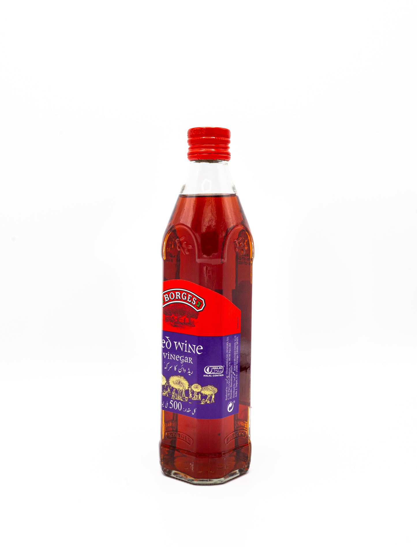 Bottle of Borges red wine on a white background