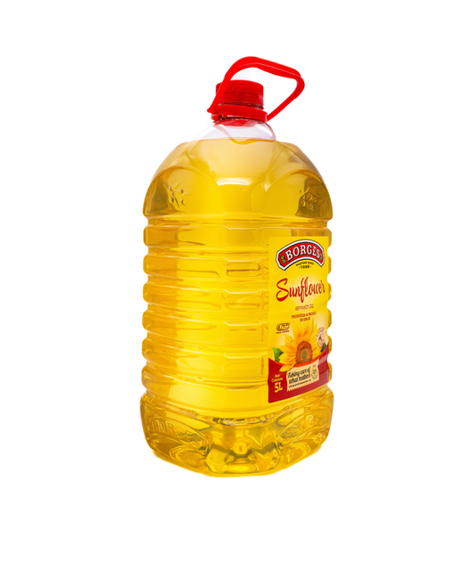 Borgida sunflower oil bottle with red cap on a white background
