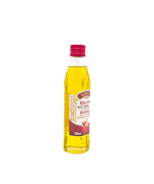 Bottle of Bonini olive oil with garlic flavor on a white background