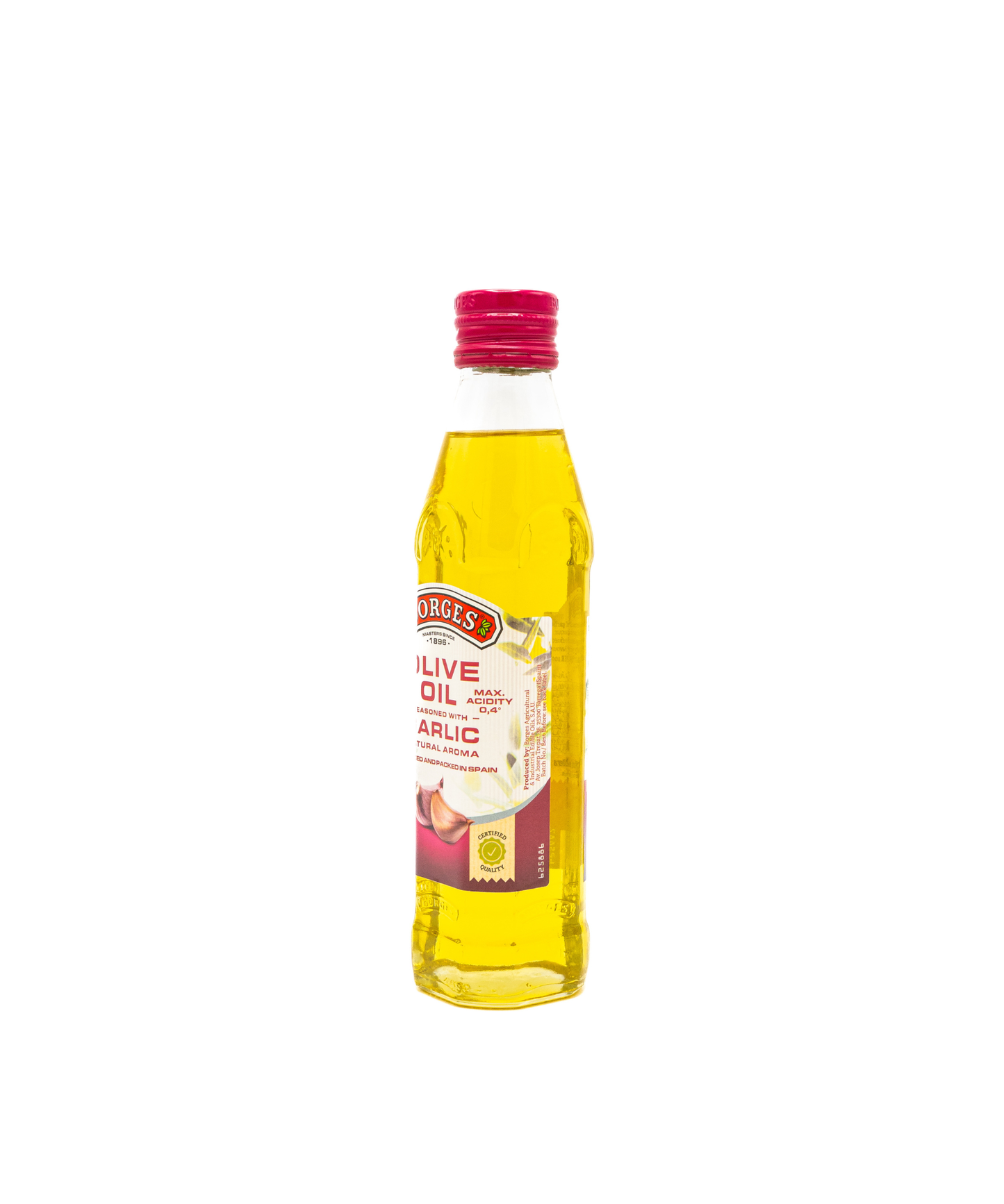 Bottle of olive oil with a red cap on a white background