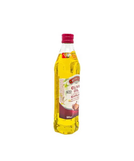 Bottle of olive oil with a red cap on a white background