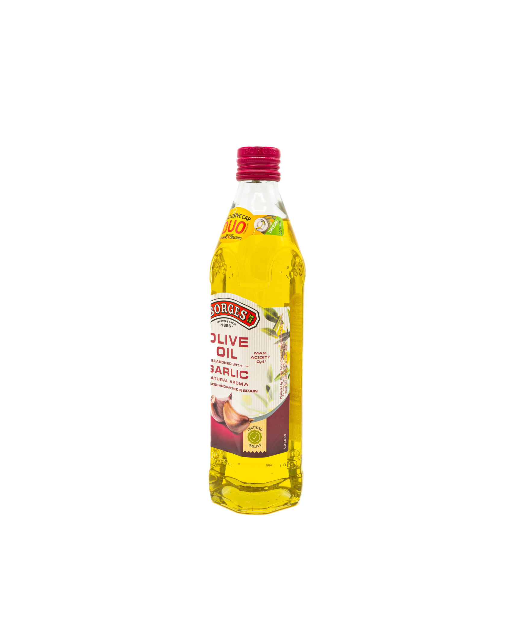 Bottle of Burge's Garlic Infused Olive Oil on a white background