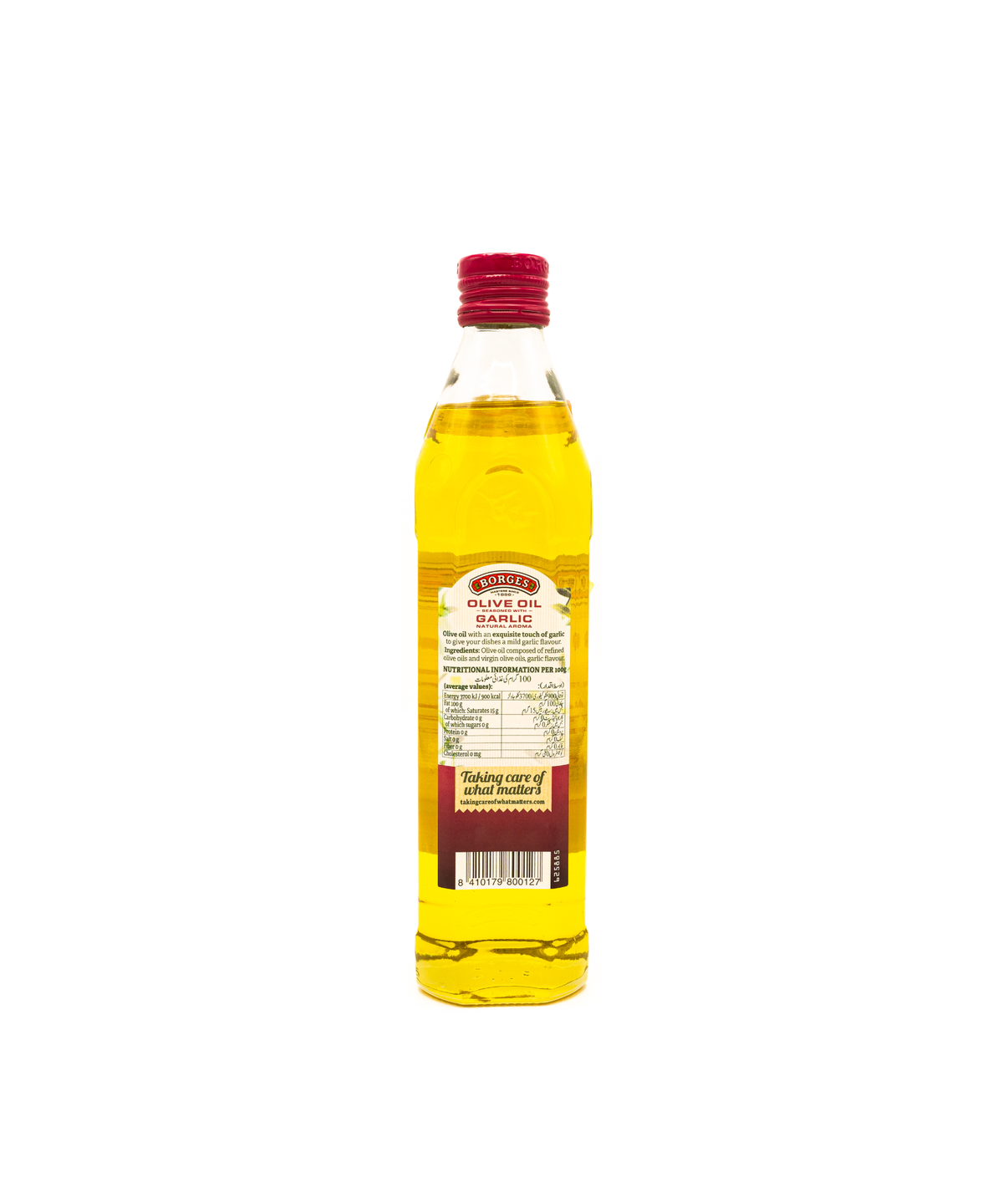 Bottle of olive oil with a red cap on a white background