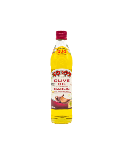 Borges olive oil bottle with garlic flavor on a white background