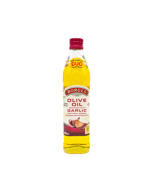 Borges olive oil bottle with garlic flavor on a white background