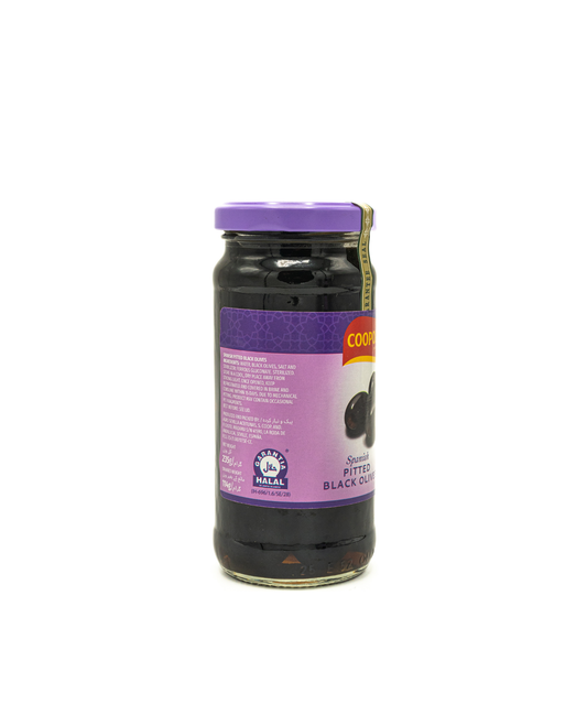 Jar of black olives with a purple label on a white background