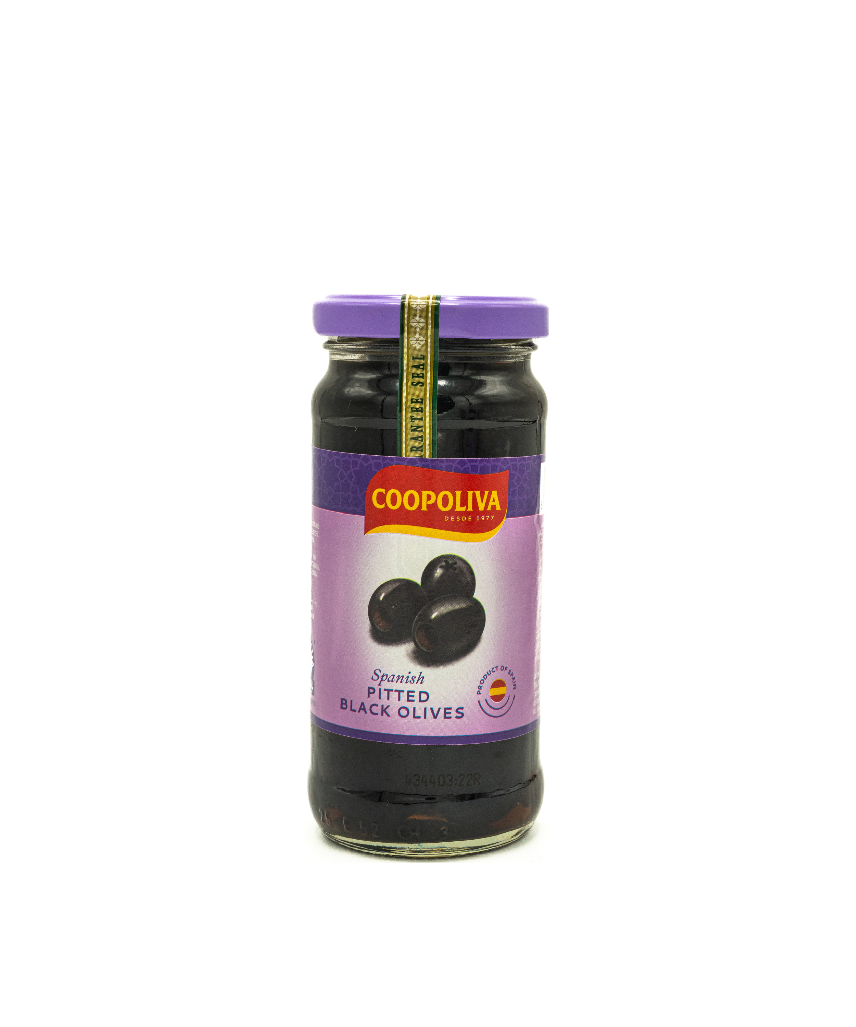 Jar of Coopoliva Spanish Pitted Black Olives on a white background