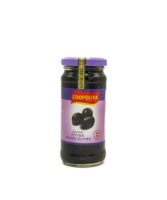 Jar of Coopoliva Spanish Pitted Black Olives on a white background