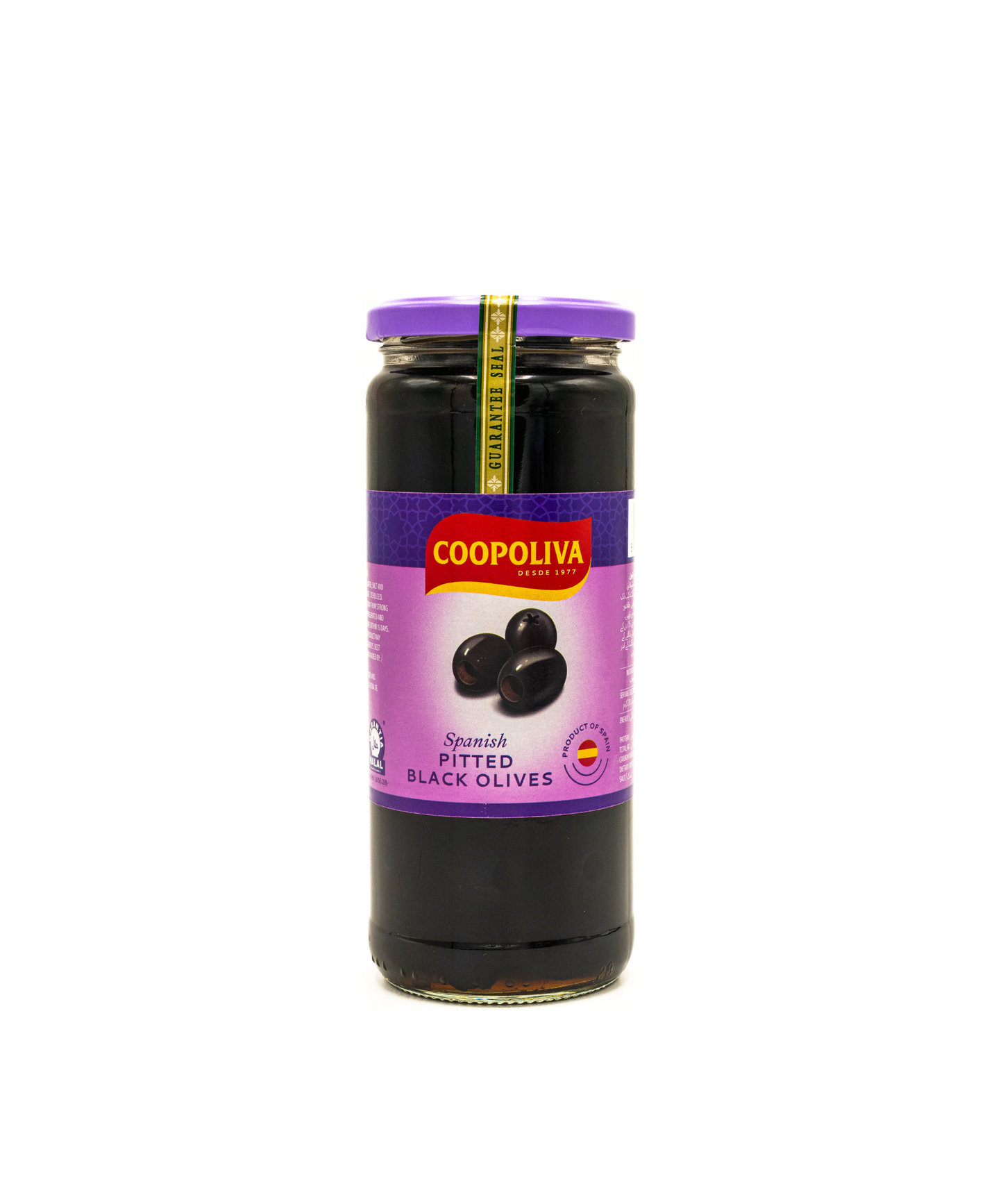 Jar of Coopoliva pitted black olives on a white background
