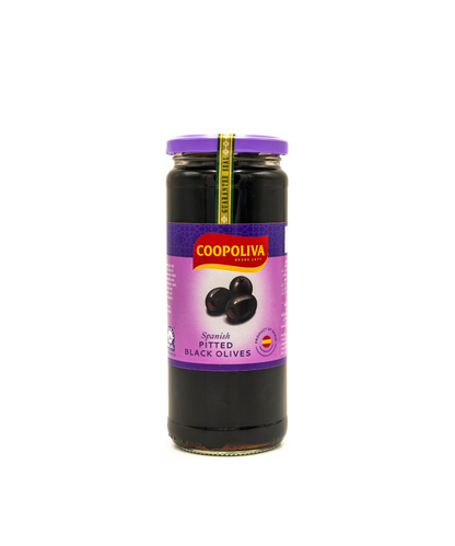 Jar of Coopoliva pitted black olives on a white background