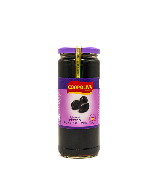 Jar of Coopoliva pitted black olives on a white background