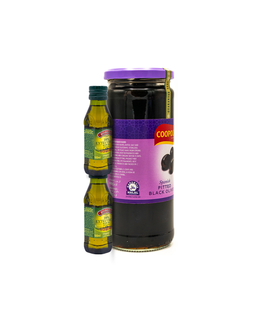 Jar of Cooper's Hawk Special Blend Pitted Black Olives with two bottles of olive oil on a white background