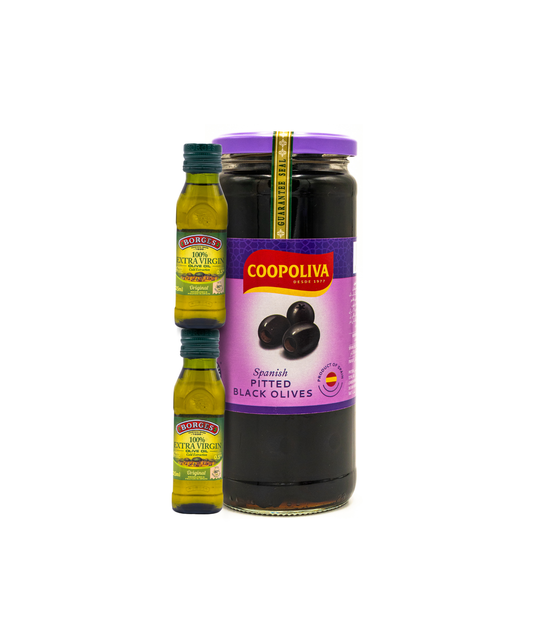 Jar of Coopoliva black olives and two bottles of olive oil on a white background