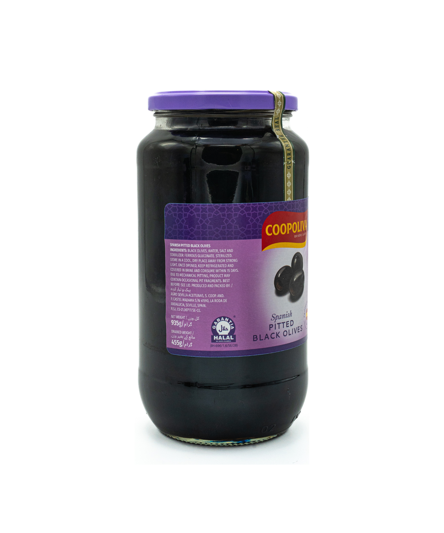 Jar of Coopertition pitted black olives on a white background