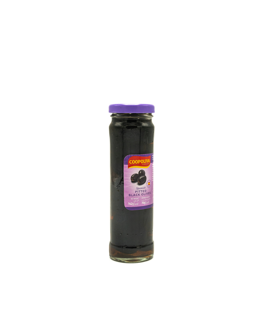 Jar of black olives with a purple label on a white background
