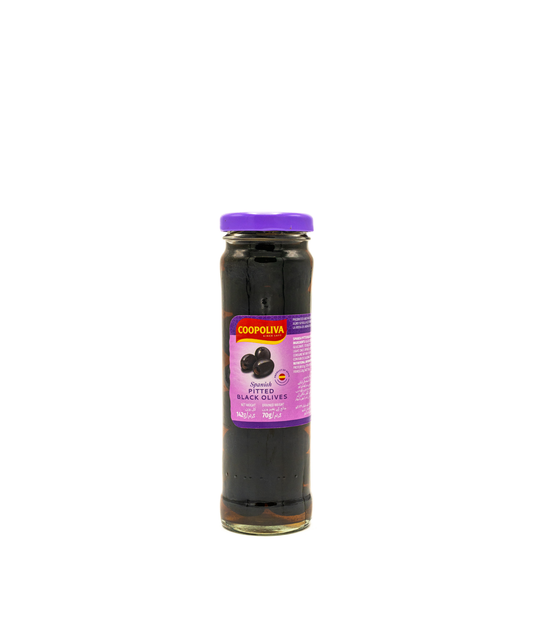 Jar of pitted black olives with a purple label on a white background