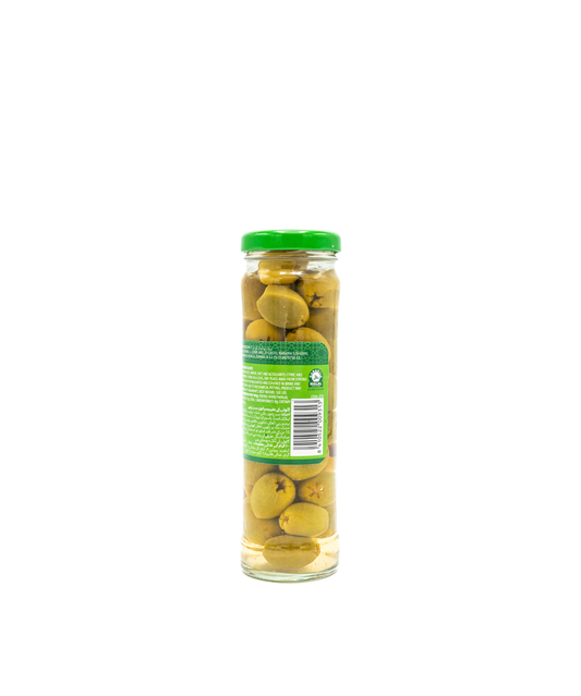 Jar of green olives with a green lid on a white background
